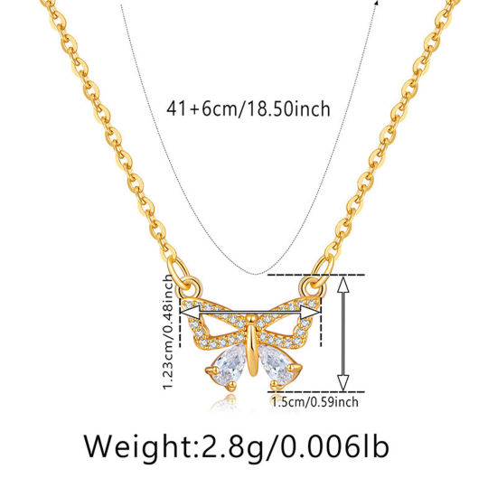 Picture of 1 Piece Eco-friendly Retro Retro 18K Real Gold Plated Brass & Rhinestone Link Cable Chain Bowknot Micro Pave Pendant Necklace For Women Party 41cm(16 1/8") long