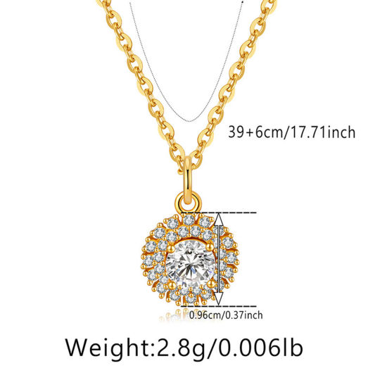 Picture of 1 Piece Eco-friendly Retro Retro 18K Real Gold Plated Brass & Rhinestone Link Cable Chain Circle Ring Round Micro Pave Pendant Necklace For Women Party 39cm(15 3/8") long