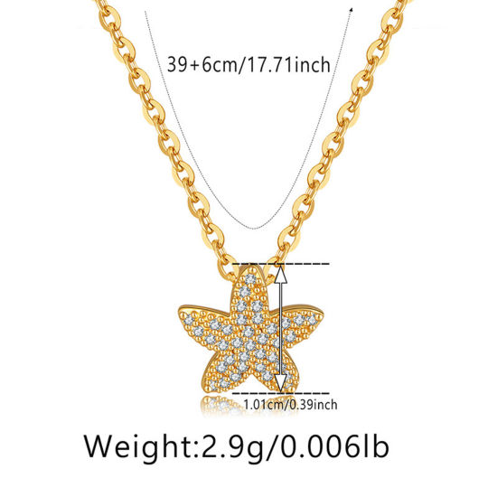 Picture of 1 Piece Eco-friendly Retro Retro 18K Real Gold Plated Brass & Rhinestone Link Cable Chain Star Fish Micro Pave Pendant Necklace For Women Party 39cm(15 3/8") long