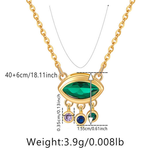 Picture of 1 Piece Eco-friendly Retro Retro 18K Real Gold Plated Green Brass & Rhinestone Link Cable Chain Marquise Tassel Pendant Necklace For Women Party 40cm(15 6/8") long