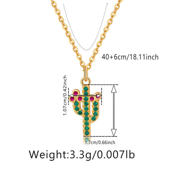 Picture of 1 Piece Eco-friendly Retro Retro 18K Real Gold Plated Multicolor Brass & Rhinestone Link Cable Chain Cactus Micro Pave Pendant Necklace For Women Party 40cm(15 6/8") long