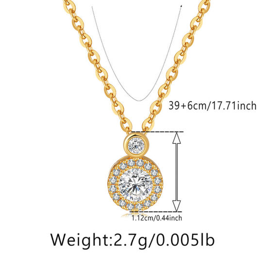 Picture of 1 Piece Eco-friendly Retro Retro 18K Real Gold Plated Brass & Rhinestone Link Cable Chain Round Micro Pave Pendant Necklace For Women Party 39cm(15 3/8") long