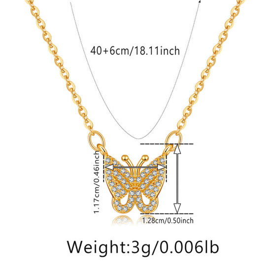 Picture of 1 Piece Eco-friendly Retro Retro 18K Real Gold Plated Brass & Rhinestone Link Cable Chain Butterfly Animal Micro Pave Pendant Necklace For Women Party 40cm(15 6/8") long