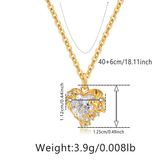 Picture of 1 Piece Eco-friendly Retro Retro 18K Real Gold Plated Brass & Rhinestone Link Cable Chain Heart Pendant Necklace For Women Party 40cm(15 6/8") long