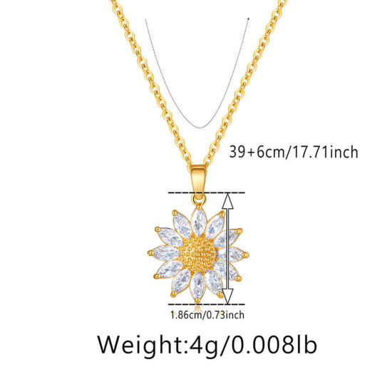 Picture of 1 Piece Eco-friendly Retro Retro 18K Real Gold Plated Brass & Rhinestone Link Cable Chain Sunflower Micro Pave Pendant Necklace For Women Party 39cm(15 3/8") long