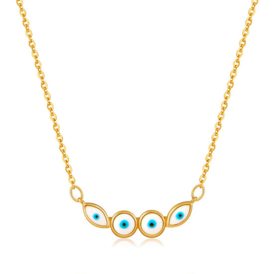 Picture of 1 Piece Eco-friendly Retro Retro 18K Real Gold Plated Brass Link Cable Chain Curve Eye Enamel Pendant Necklace For Women Party 40cm(15 6/8") long