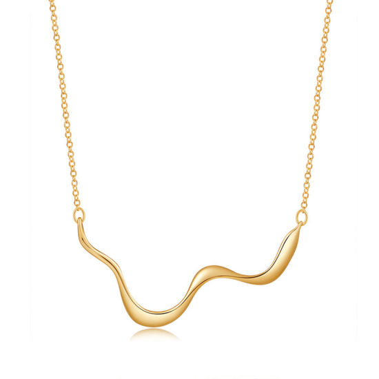 Picture of 1 Piece Eco-friendly Retro Retro 18K Real Gold Plated Brass Link Cable Chain Curve Wave Pendant Necklace For Women Party 40cm(15 6/8") long