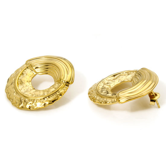 Picture of 1 Pair Vacuum Plating Ins Style Hammered Gold Plated 304 Stainless Steel Circle Ring Splicing Ear Post Stud Earrings For Women Party 3cm x 2.8cm