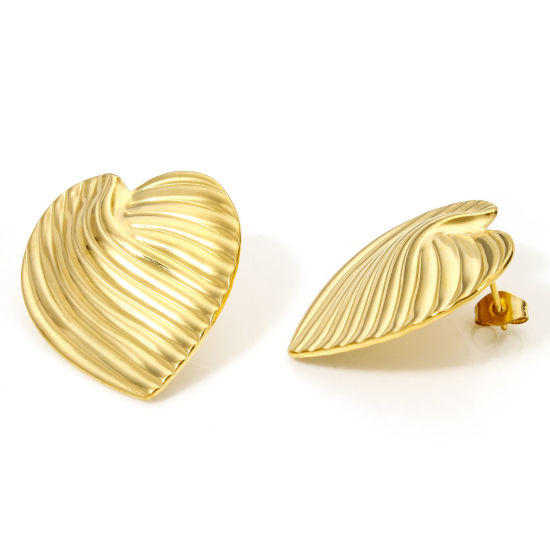 Picture of 1 Pair Vacuum Plating Ins Style Valentine's Day Gold Plated 304 Stainless Steel Heart Streak Ear Post Stud Earrings For Women Party 3.1cm x 2.7cm