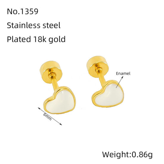 Image de 1 Paire Placage sous Vide Sucré & Mignon Boucles d'Oreilles Puces La Saint Valentin en 304 Acier Inoxydable Cœur Plaqué Or 18K Blanc Émail La Saint-Valentin Pour Femmes 6mm x 6mm