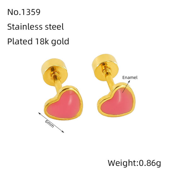 Image de 1 Paire Placage sous Vide Sucré & Mignon Boucles d'Oreilles Puces La Saint Valentin en 304 Acier Inoxydable Cœur Plaqué Or 18K Rose Émail La Saint-Valentin Pour Femmes 6mm x 6mm