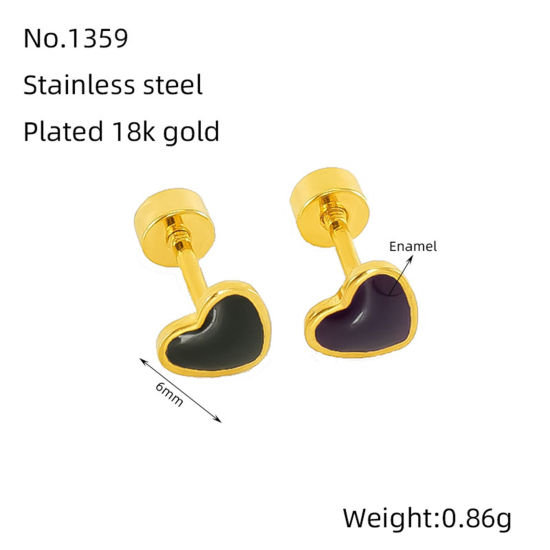 Image de 1 Paire Placage sous Vide Sucré & Mignon Boucles d'Oreilles Puces La Saint Valentin en 304 Acier Inoxydable Cœur Plaqué Or 18K Noir Émail La Saint-Valentin Pour Femmes 6mm x 6mm