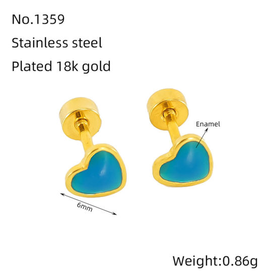 Image de 1 Paire Placage sous Vide Sucré & Mignon Boucles d'Oreilles Puces La Saint Valentin en 304 Acier Inoxydable Cœur Plaqué Or 18K Bleu Émail La Saint-Valentin Pour Femmes 6mm x 6mm