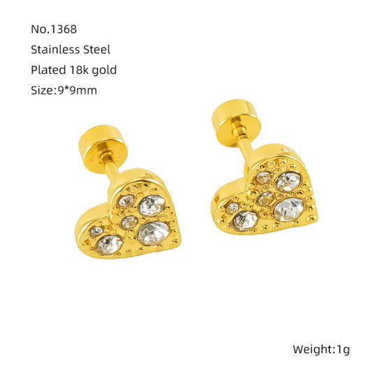 Bild von 1 Paar Vakuumbeschichtung Exquisit Valentinstag 18K Gold Plattiert Transparent 304 Edelstahl & Strass Herz Micro Pave Ohrring Ohrstecker Für Frauen Valentinstag 9mm x 9mm