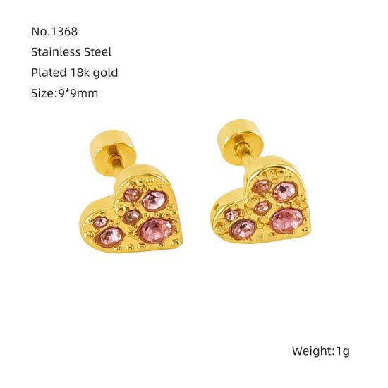 Bild von 1 Paar Vakuumbeschichtung Exquisit Valentinstag 18K Gold Plattiert Rosa 304 Edelstahl & Strass Herz Micro Pave Ohrring Ohrstecker Für Frauen Valentinstag 9mm x 9mm