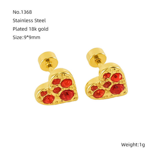 Bild von 1 Paar Vakuumbeschichtung Exquisit Valentinstag 18K Gold Plattiert Rot 304 Edelstahl & Strass Herz Micro Pave Ohrring Ohrstecker Für Frauen Valentinstag 9mm x 9mm