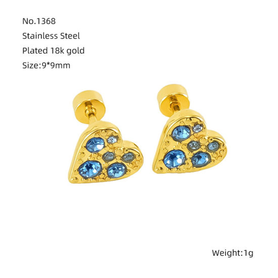 Bild von 1 Paar Vakuumbeschichtung Exquisit Valentinstag 18K Gold Plattiert Blau 304 Edelstahl & Strass Herz Micro Pave Ohrring Ohrstecker Für Frauen Valentinstag 9mm x 9mm