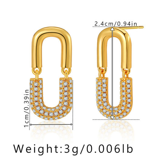 Picture of 1 Pair Eco-friendly Simple & Casual Ins Style 18K Real Gold Plated Brass & Rhinestone Paper Clip Oval Earrings For Women Party 2.4cm x 1cm