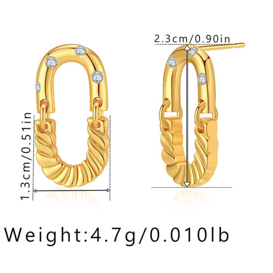 Picture of 1 Pair Eco-friendly Simple & Casual Ins Style 18K Real Gold Plated Brass & Rhinestone Paper Clip Oval Earrings For Women Party 2.3cm x 1.3cm