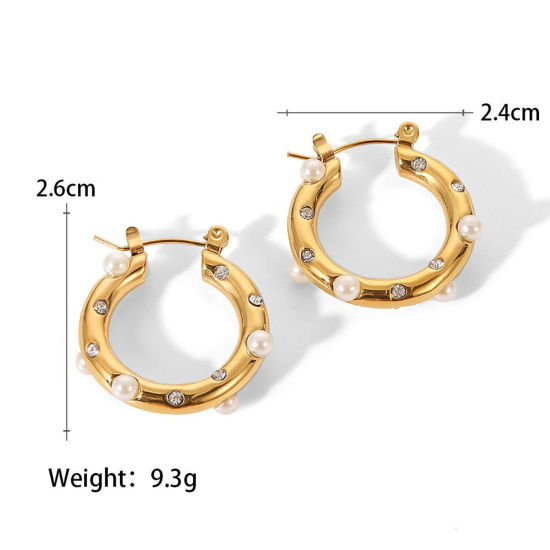 Bild von 1 Paar Vakuumbeschichtung Stilvoll Ins Stil 18K Gold Plattiert 304 Edelstahl & Strass Ring Imitat Perle Hoop Ohrringe Für Frauen Party 2.6cm x 2.4cm