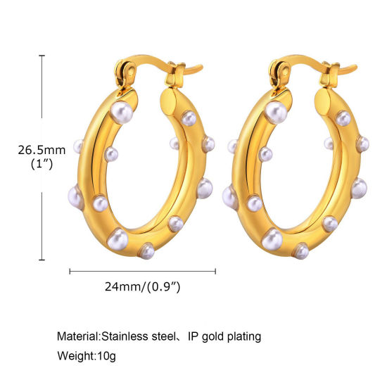 Bild von 1 Paar Vakuumbeschichtung Stilvoll Ins Stil 18K Gold Plattiert 304 Edelstahl & Acryl Ring Imitat Perle Hoop Ohrringe Für Frauen Party 2.6cm x 2.4cm