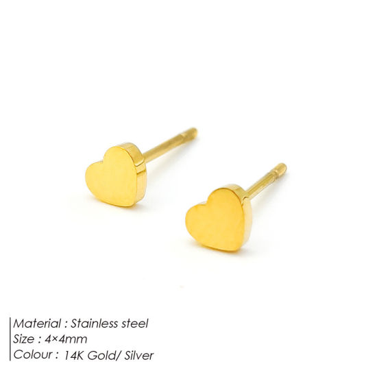Immagine di 1 Paio Placcatura Sottovuoto Ecologica Semplice & Casual San Valentino Placcato Oro 14K 304 Acciaio Inossidabile Cuore Liscio Orecchini a Perno Per Donne San Valentino 4mm x 4mm