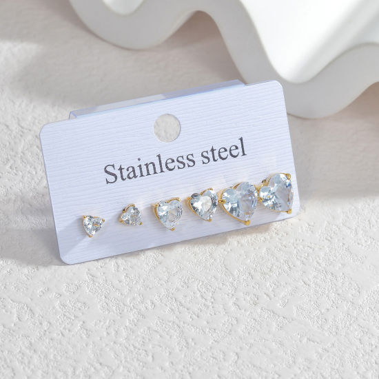 Picture of 1 Set Vacuum Plating Exquisite Valentine's Day 18K Gold Plated 304 Stainless Steel & Rhinestone Heart Ear Post Stud Earrings Set For Women Party 5mm-9mm