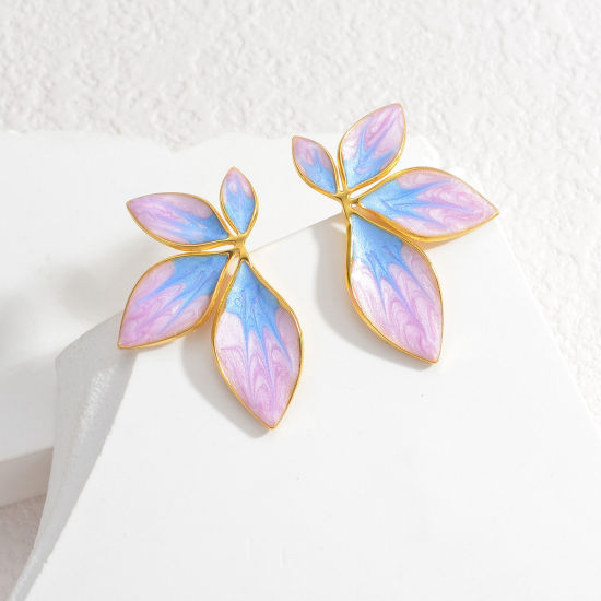 Imagen de 1 Par Enchapado al Vacío Dulce & Lindo Retro Chapado en Oro de 18K Violeta & Azul 304 Acero Inoxidable Flor Esmalte Pendientes Para Mujeres Aniversario 3.4cm x 2.3cm