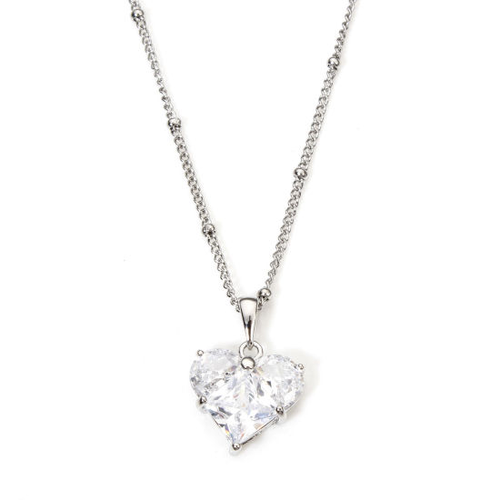 Image de 1 Pièce Collier à Pendentif Chaîne Maille Bille La Saint Valentin en Acier Inoxydable & Laiton & Zirconia Cubique Respectueux de la Nature À la Mode Plaqué Or Véritable Transparent Cœur Pour Femmes Engagement 45cm long