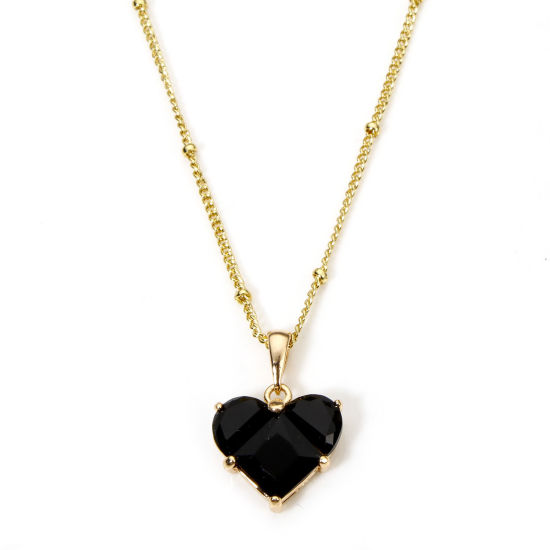Image de 1 Pièce Collier à Pendentif Chaîne Maille Bille La Saint Valentin en Laiton & Zirconia Cubique Respectueux de la Nature À la Mode Plaqué Or Véritable Noir Cœur Pour Femmes Engagement 45cm long