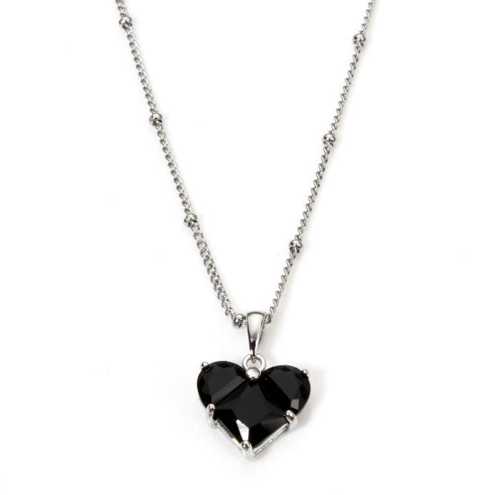 Image de 1 Pièce Collier à Pendentif Chaîne Maille Bille La Saint Valentin en Acier Inoxydable & Laiton & Zirconia Cubique Respectueux de la Nature À la Mode Plaqué Or Véritable Noir Cœur Pour Femmes Engagement 45cm long