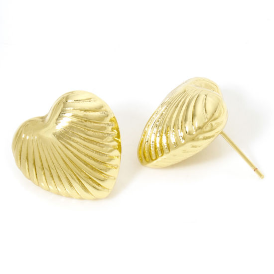 Picture of 1 Pair Eco-friendly Stylish Valentine's Day 18K Real Gold Plated Brass Heart Stripe Ear Post Stud Earrings For Women Valentine's Day 20.5mm x 19mm