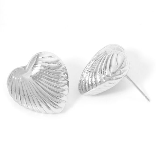 Picture of 1 Pair Eco-friendly Stylish Valentine's Day Real Platinum Plated Brass Heart Stripe Ear Post Stud Earrings For Women Valentine's Day 20.5mm x 19mm