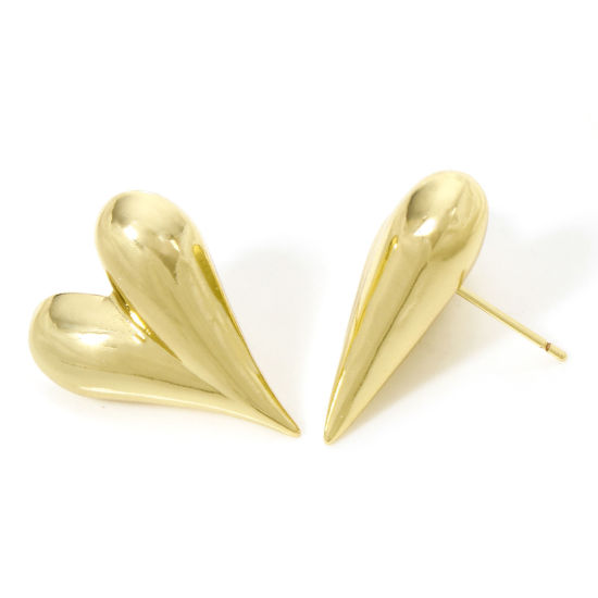 Picture of 1 Pair Eco-friendly Stylish Valentine's Day 18K Real Gold Plated Brass Heart Smooth Blank Ear Post Stud Earrings For Women Valentine's Day 24mm x 20mm