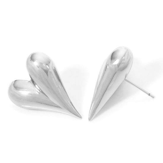 Picture of 1 Pair Eco-friendly Stylish Valentine's Day Real Platinum Plated Brass Heart Smooth Blank Ear Post Stud Earrings For Women Valentine's Day 24mm x 20mm