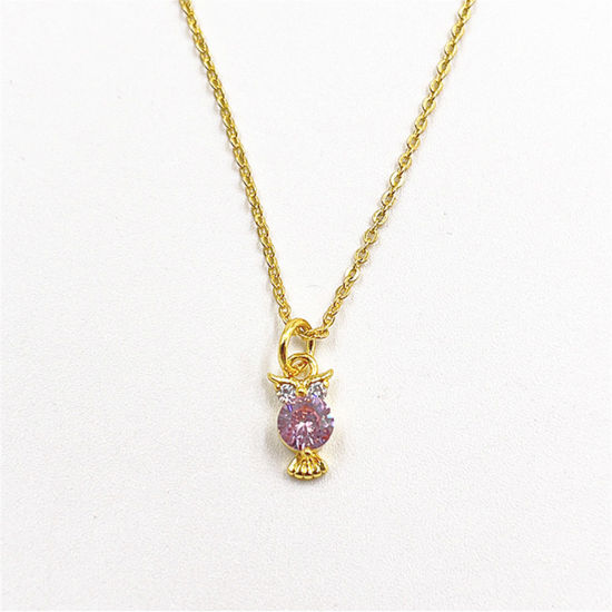 Picture of 1 Piece Eco-friendly Exquisite Birthstone 18K Gold Plated Pink Brass & Cubic Zirconia Link Cable Chain Owl Animal Micro Pave Pendant Necklace For Women Party 45cm(17.7") long