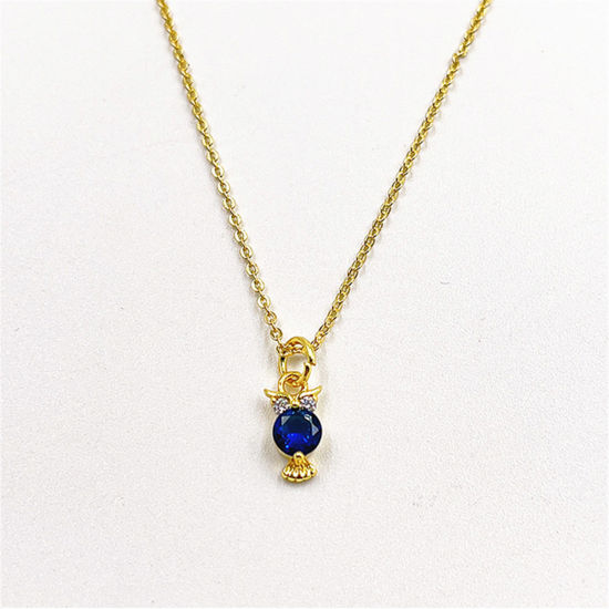 Picture of 1 Piece Eco-friendly Exquisite Birthstone 18K Gold Plated Dark Blue Brass & Cubic Zirconia Link Cable Chain Owl Animal Micro Pave Pendant Necklace For Women Party 45cm(17.7") long