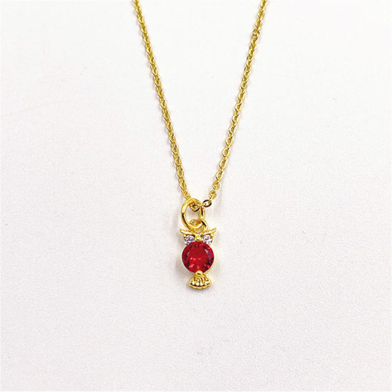 Picture of 1 Piece Eco-friendly Exquisite Birthstone 18K Gold Plated Fuchsia Brass & Cubic Zirconia Link Cable Chain Owl Animal Micro Pave Pendant Necklace For Women Party 45cm(17.7") long