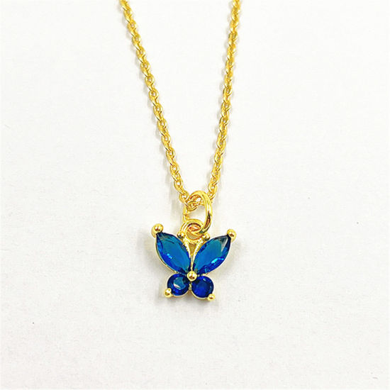 Picture of 1 Piece Eco-friendly Exquisite Insect 18K Gold Plated Blue Brass & Cubic Zirconia Link Cable Chain Butterfly Animal Micro Pave Pendant Necklace For Women Party 45cm(17.7") long