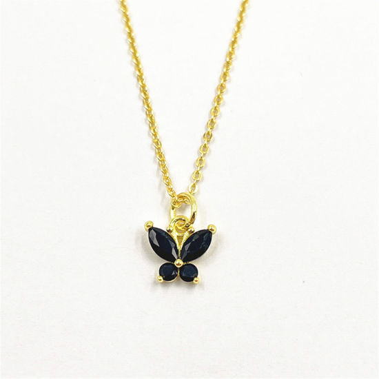 Picture of 1 Piece Eco-friendly Exquisite Insect 18K Gold Plated Black Brass & Cubic Zirconia Link Cable Chain Butterfly Animal Micro Pave Pendant Necklace For Women Party 45cm(17.7") long