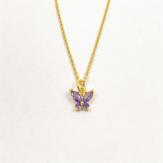 Picture of 1 Piece Eco-friendly Exquisite Insect 18K Gold Plated Purple Brass & Cubic Zirconia Link Cable Chain Butterfly Animal Micro Pave Pendant Necklace For Women Party 45cm(17.7") long