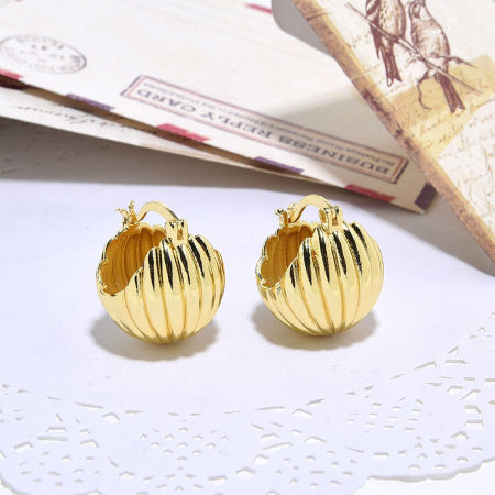 Picture of 1 Pair Eco-friendly Simple & Casual Exquisite 18K Gold Plated Brass Pumpkin Streak Hoop Earrings For Women 2.4cm x 2.2cm