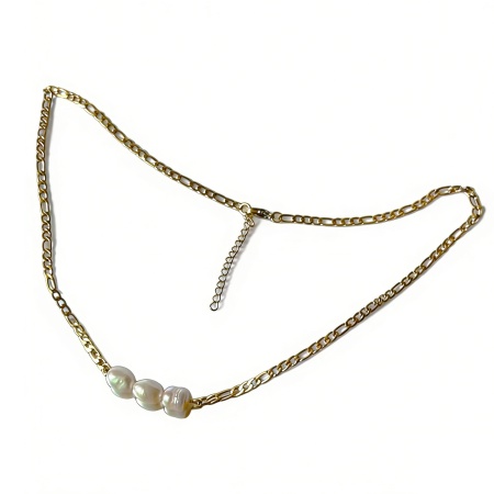 1 Piece Vacuum Plating Retro Elegant 18K Gold Plated 304 Stainless Steel & Natural Pearl Figaro Chain Baroque Pendant Necklace For Women Party 40cm(15 6/8") long の画像