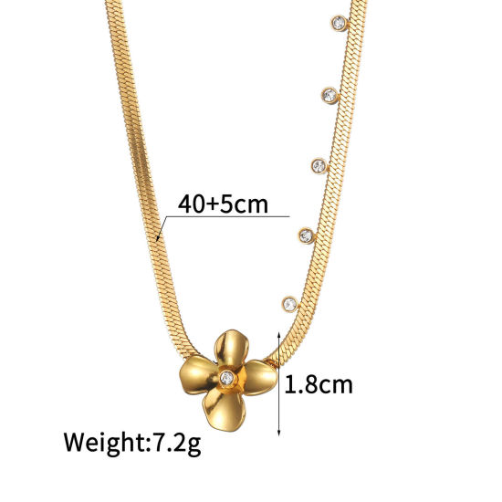 Picture of 1 Piece Eco-friendly Vacuum Plating Sweet & Cute Stylish 18K Gold Plated 304 Stainless Steel & Rhinestone Flat Snake Chain Flower Pendant Necklace For Women Party 40cm(15 6/8") long