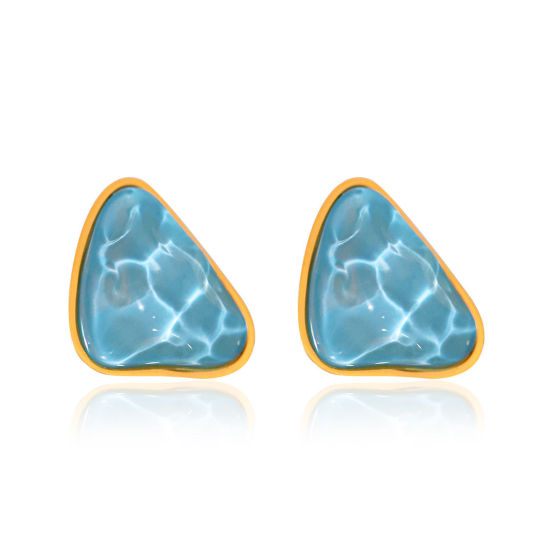 Picture of 1 Pair Hypoallergenic Bohemia Boho Beach 18K Gold Plated Blue 304 Stainless Steel & Resin Triangle Ripple Ear Post Stud Earrings For Women Party 2.3cm x 2.1cm