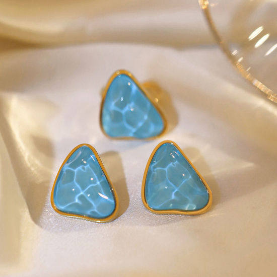 Picture of 1 Pair Hypoallergenic Bohemia Boho Beach 18K Gold Plated Blue 304 Stainless Steel & Resin Triangle Ripple Ear Post Stud Earrings For Women Party 2.3cm x 2.1cm