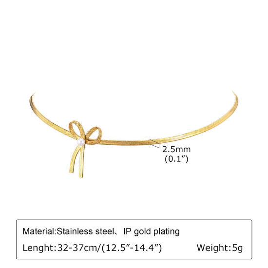 Picture of 1 Piece Vacuum Plating Stylish Ins Style 18K Gold Plated 304 Stainless Steel Flat Snake Chain Bowknot Imitation Pearl Choker Necklace For Women Party 32cm(12 5/8") long