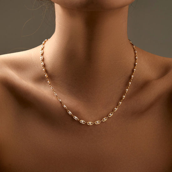 Bild von 1 Strang Umweltfreundlich Einfach und lässig Elegant 18K Echtgold plattiert Messing Handgefertigte Gliederkette Marquise Imitat Perle Halskette Für Frauen Party 45cm lang
