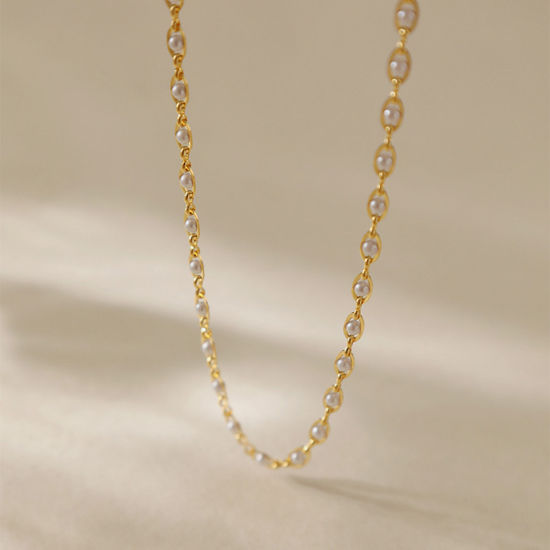 Bild von 1 Strang Umweltfreundlich Einfach und lässig Elegant 18K Echtgold plattiert Messing Handgefertigte Gliederkette Marquise Imitat Perle Halskette Für Frauen Party 45cm lang
