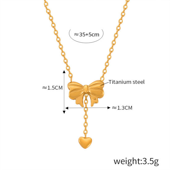 Picture of 1 Piece Eco-friendly Vacuum Plating Stylish Ins Style 18K Real Gold Plated 304 Stainless Steel Link Cable Chain Bowknot Heart Pendant Necklace For Women Party 35cm(13 6/8") long